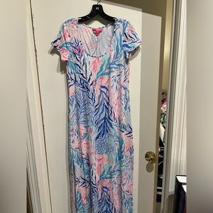 Lilly Pulitzer S Jersey Cotton Coral Print Maxi Dress with Thigh-high slits